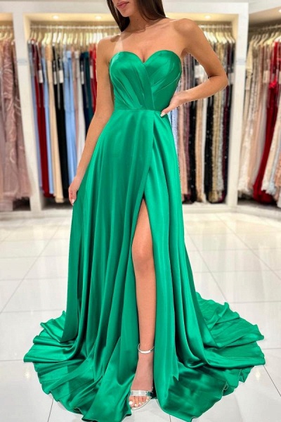 Green Long A-line Sweetheart Satin Prom Dress with Slit_4