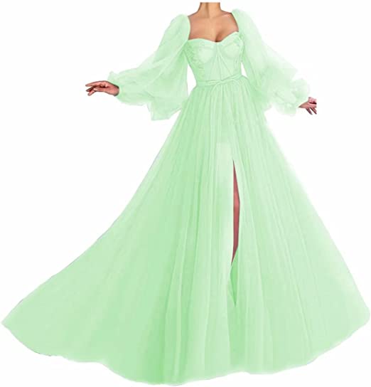 Awesome Long Sleeves A-line Sweetheart Tulle Prom Dress with Slit_20