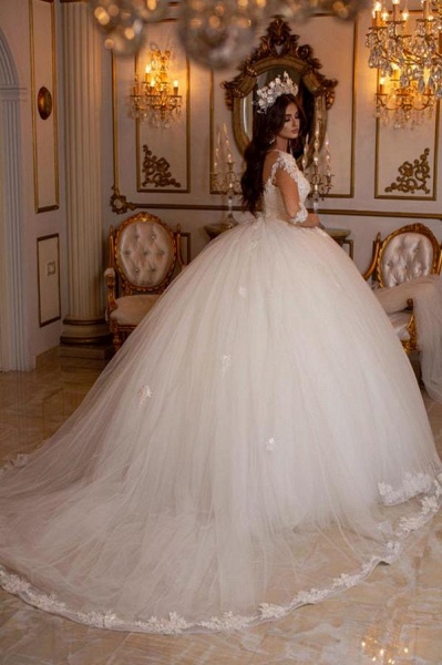 Long Ball Gown Sweetheart Tulle Lace Open Back Wedding Dresses with Sleeves_2