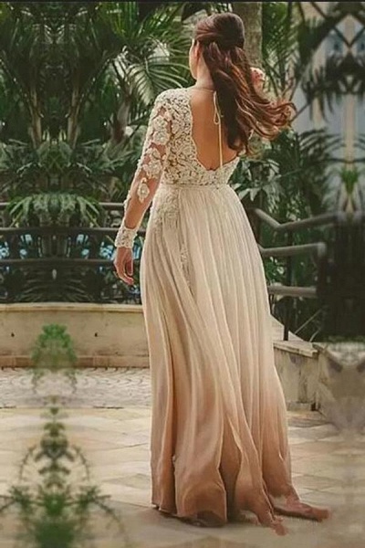 Fashion Long A-line V-neck Chiffon Lace Backless Wedding Dresses with Sleeves_2