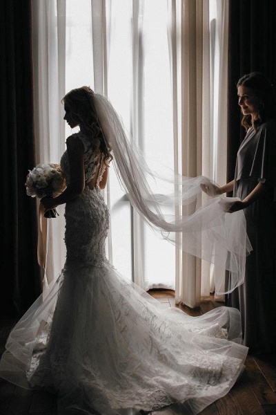 Elegant Long Mermaid Jewel Tulle Lace Wedding Dress_3