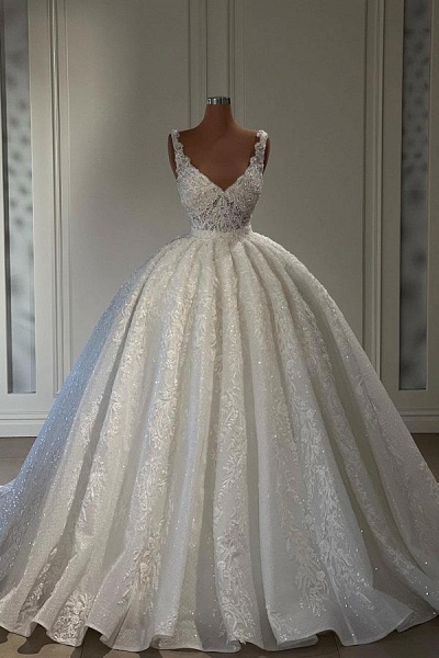 Gorgeous Sweetheart Floor Length Sleeveless Lace Ball Gown Wedding Dress with Ruffles_1