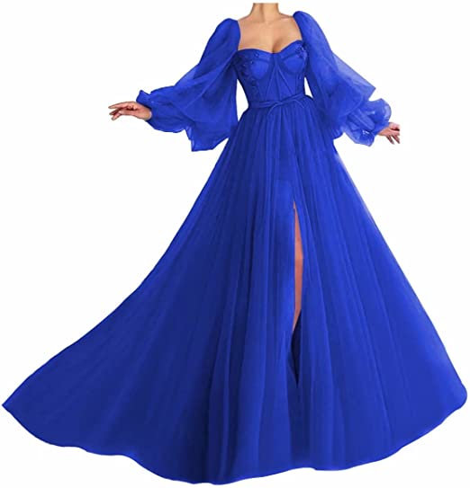Awesome Long Sleeves A-line Sweetheart Tulle Prom Dress with Slit_14