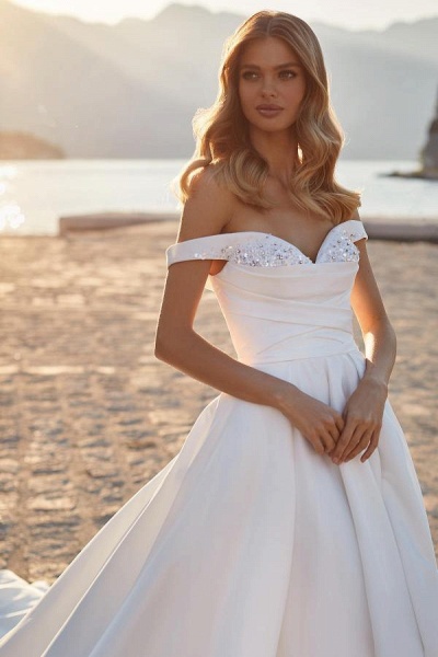 Long A-line off the Shoulder Ruched Satin Wedding Dress with Crystals_3