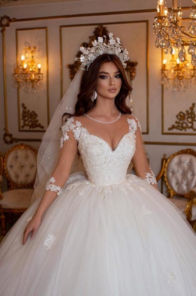 Long Ball Gown Sweetheart Tulle Lace Open Back Wedding Dresses with Sleeves_3
