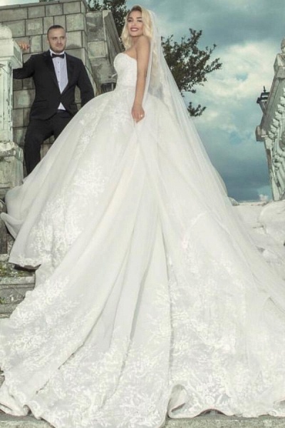 Luxury Long Ball Gown Sweetheart Tulle Lace Wedding Dresses_3