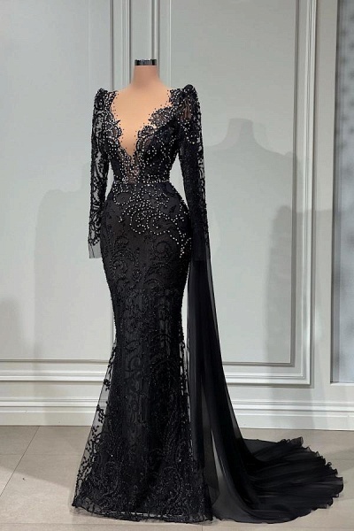 Elegant Long Mermaid V-neck Tulle Lace Black Prom Dress with Sleeves ...