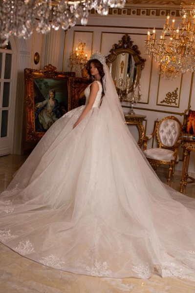 Luxury White Long Ball Gown V-neck Backless Tulle Lace Wedding Dress_2