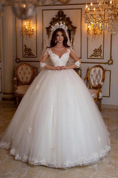 Long Ball Gown Sweetheart Tulle Lace Open Back Wedding Dresses with Sleeves_1