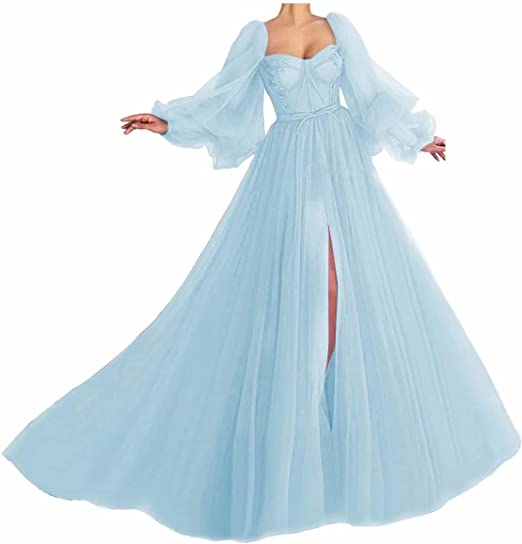 Awesome Long Sleeves A-line Sweetheart Tulle Prom Dress with Slit_13