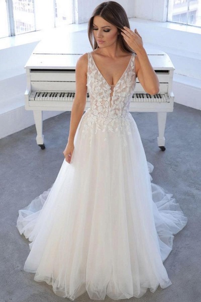 Beach White Long A-line V-neck Tulle Lace Backless Wedding Dress_1