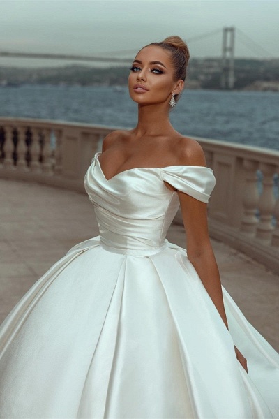 Elegant Long Ball Gown Off the Shoulder Satin Wedding Dress_3