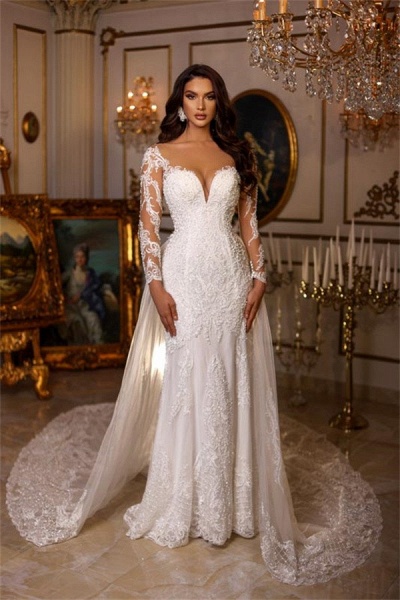 Charming Long Mermaid Sweetheart Tulle Lace Wedding Dress with Sleeves_1