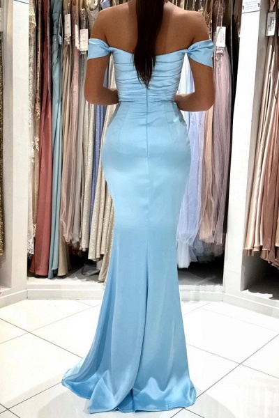 Simple Sky Blue Long Mermaid Off the Shoulder Satin Prom Dress with Slit_2