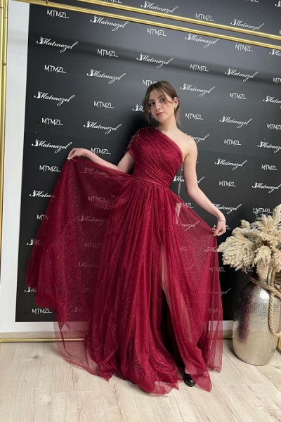 Simple Burgundy Long A-line One Shoulder Glitter Tulle Prom Dress with Slit_2
