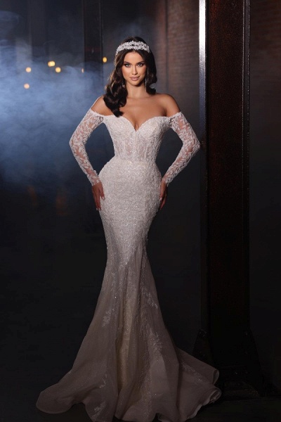 Gorgeous Long Mermaid Off the Shoulder Lace Wedding Dress with Sleeves_2