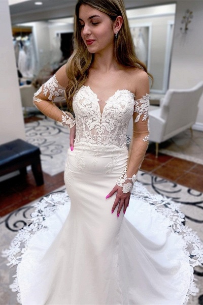Elegant White Long Mermaid Sweetheart Satin Lace Wedding Dress with Sleeves_1