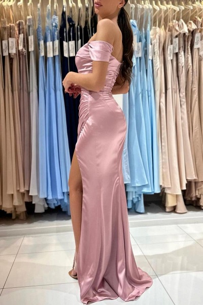 Chic Long Mermaid Off the Shoulder Ruffles Satin Formal Prom Dress with Slit_4