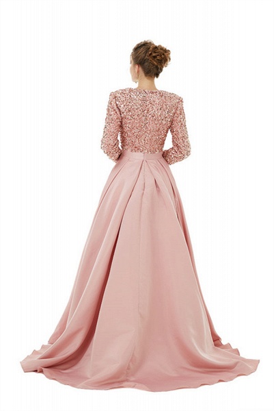 Charming Long Sleeves A-line V-neck Satin Beading Prom Dress With Slit_4