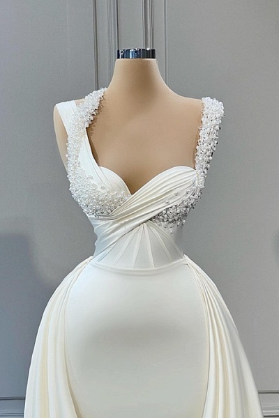 Elegantes weißes langes Meerjungfrau-Schatz-Satin-Abschlussballkleid mit Überrock_2