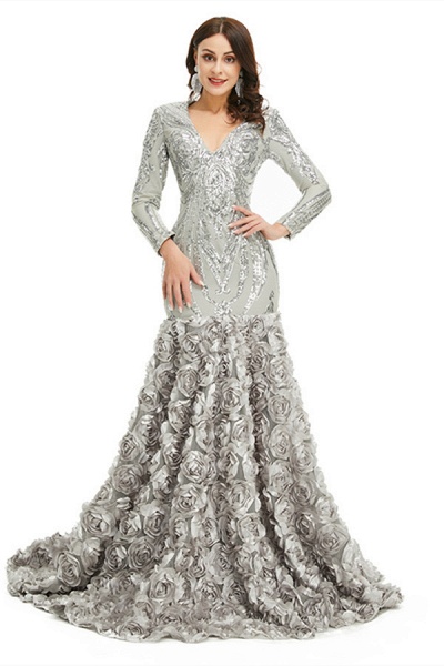 Charming Long Mermaid V-neck Satin Lace Prom Dress with Sleeves_13