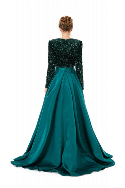 Charming Long Sleeves A-line V-neck Satin Beading Prom Dress With Slit_11