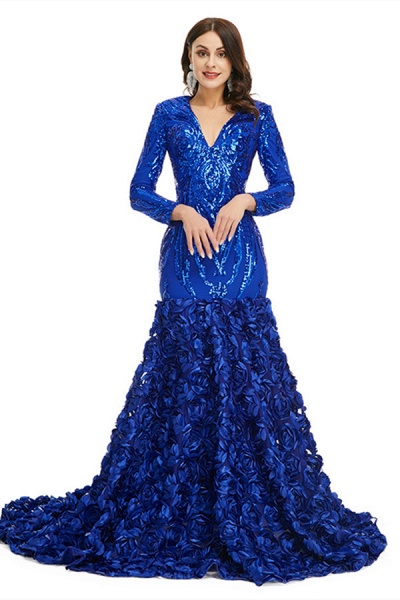 Charming Long Mermaid V-neck Satin Lace Prom Dress with Sleeves_14