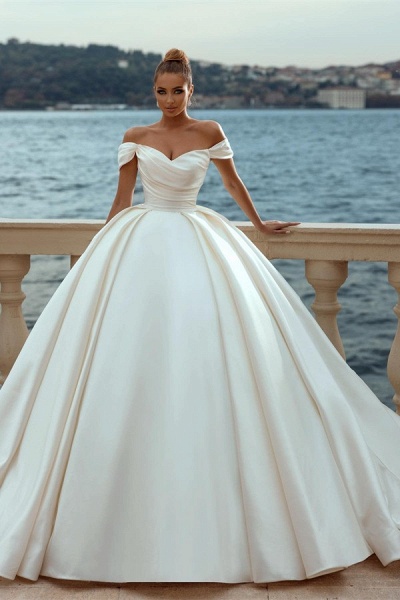 Elegant Long Ball Gown Off the Shoulder Satin Wedding Dress