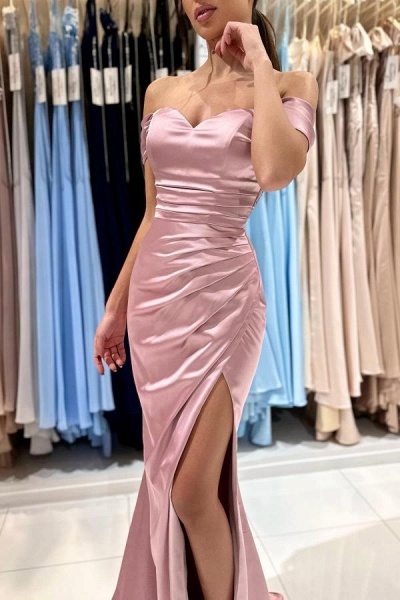 Chic Long Mermaid Off the Shoulder Ruffles Satin Formal Prom Dress with Slit_6