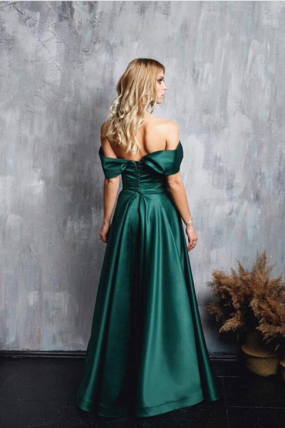 Charming Dark Green Long A-line Off the Shoulder Satin Prom Dress with Slit_2