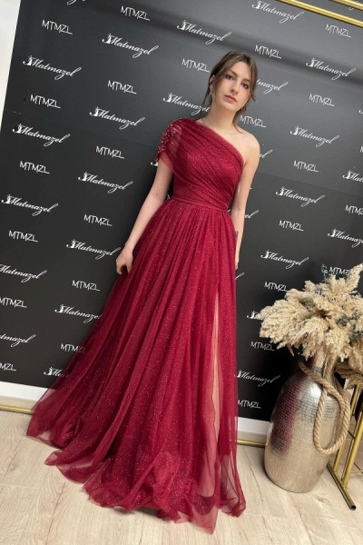 Simple Burgundy Long A-line One Shoulder Glitter Tulle Prom Dress with Slit_1