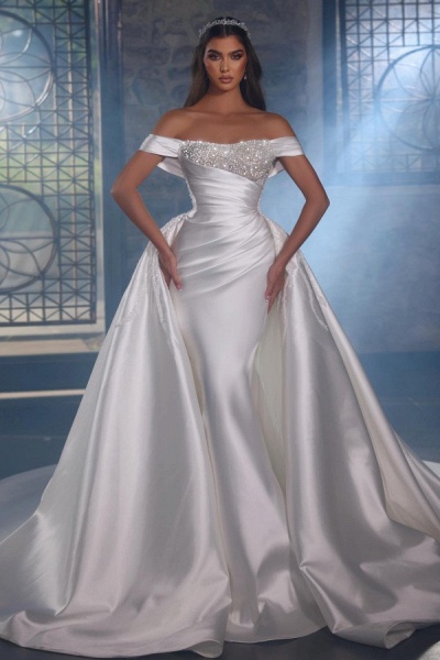 Shiny Long Mermaid Off the Shoulder Satin Beads Wedding Dress with overskirt_1