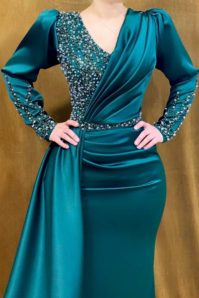 Elegant Dark Green Long Mermaid V-neck Satin Formal Dress with Sleeves_2