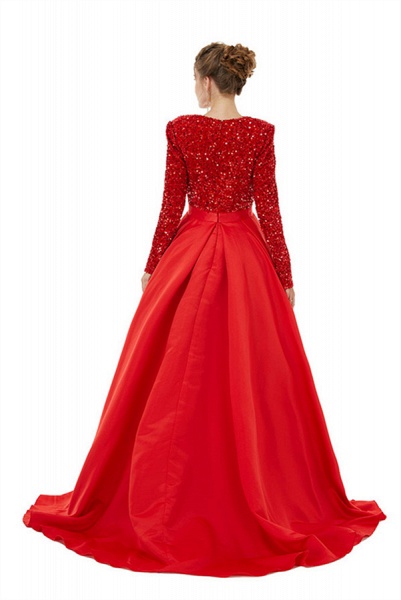 Charming Long Sleeves A-line V-neck Satin Beading Prom Dress With Slit_3