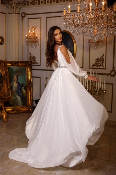 Gorgeous Long A-line V-neck Chiffon Backless Wedding Dresses with Sleeves_3