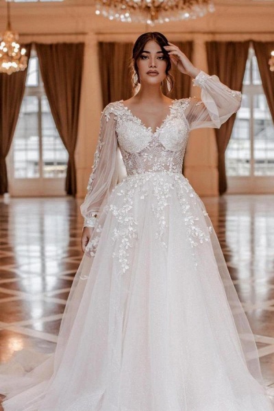 Charming V-neck Long Sleeves A-Line Chapel Train Wedding Dress with Appliques_1