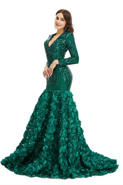 Charming Long Mermaid V-neck Satin Lace Prom Dress with Sleeves_11