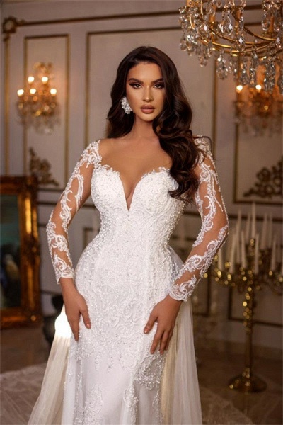 Charming Long Mermaid Sweetheart Tulle Lace Wedding Dress with Sleeves_3