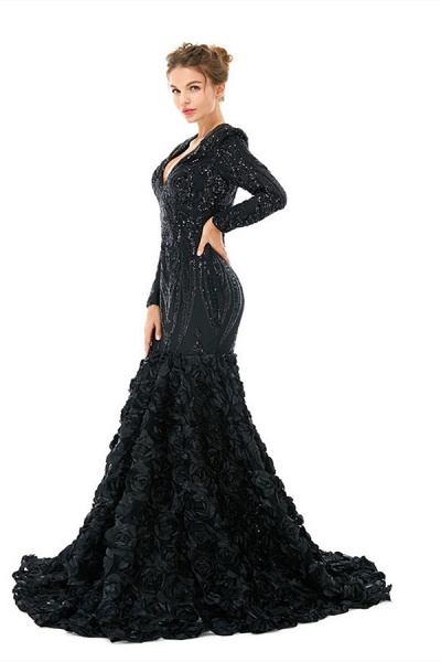 Charming Long Mermaid V-neck Satin Lace Prom Dress with Sleeves_2