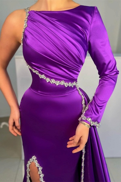 Charming Purple One Shoulder Asymmetrical Beading Floor Length Satin Prom Dress with Ruffles_2