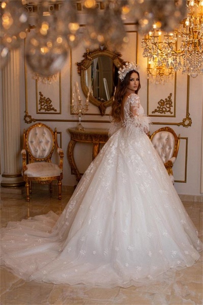 Charming Long A-line Sweetheart Tulle Appliques Lace Wedding Dress with Sleeves_4