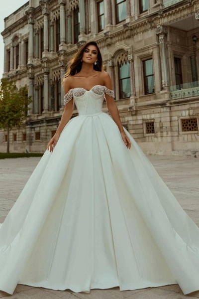 Vintage Strapless Off the Shoulder Floor Length Wedding Dress with Pearls_1
