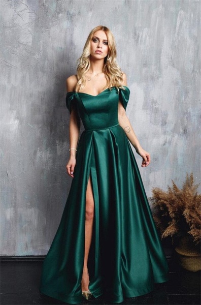 Charming Dark Green Long A-line Off the Shoulder Satin Prom Dress with Slit_1