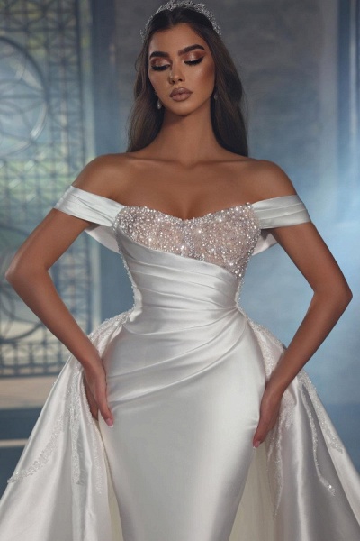 Shiny Long Mermaid Off the Shoulder Satin Beads Wedding Dress with overskirt_2