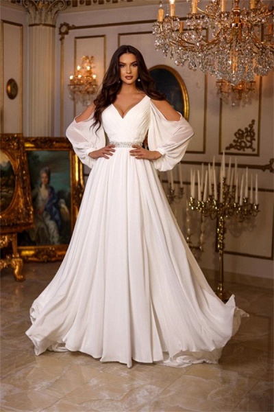 Gorgeous Long A-line V-neck Chiffon Backless Wedding Dresses with Sleeves_1