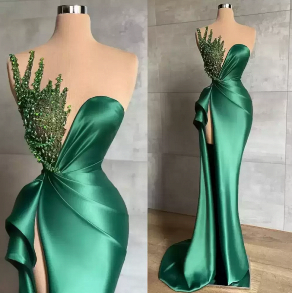 Green Long Mermaid Sweetheart Satin Beads Prom Dress with Slit_3