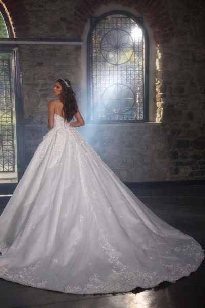 Charming Long A-line Sweetheart Satin Lace Backless Wedding Dress with Train_3
