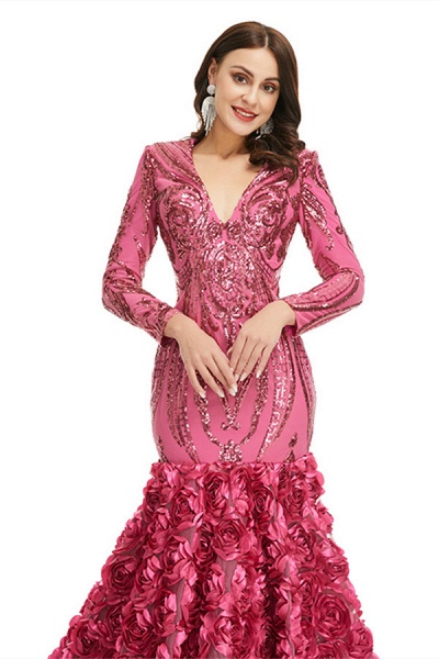 Charming Long Mermaid V-neck Satin Lace Prom Dress with Sleeves_15