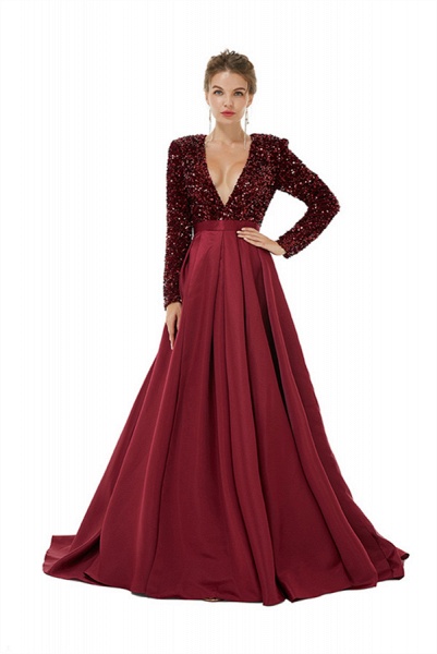 Charming Long Sleeves A-line V-neck Satin Beading Prom Dress With Slit_7