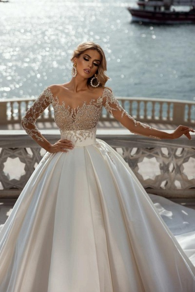 Deluxe Sweetheart Long Sleeves Chapel Train Satin Ball Gown Wedding Dress with Pearls_3